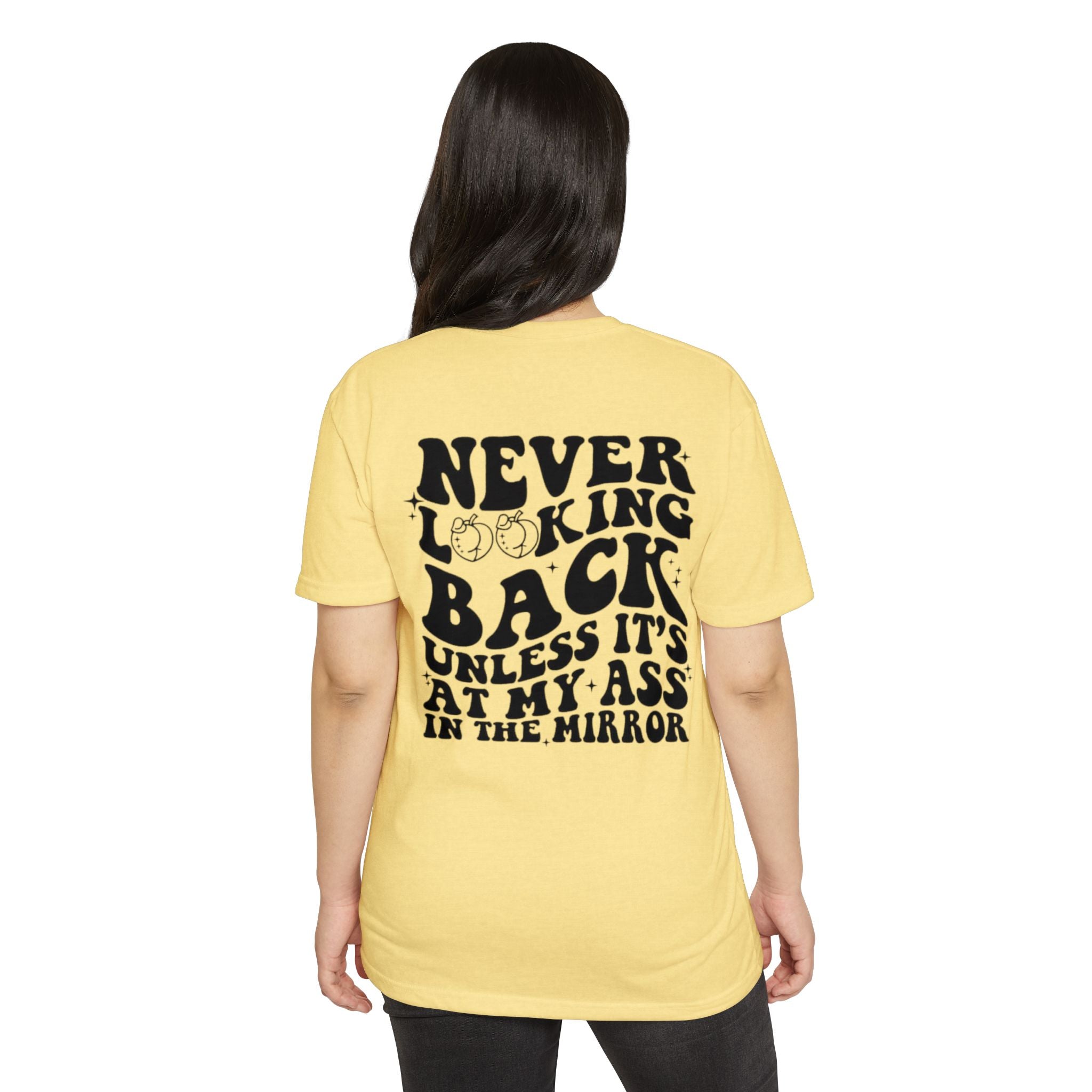 Never Looking Back Graphic T-Shirt — Funny Retro Smiley Quote Tee