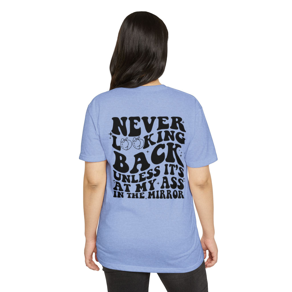 Never Looking Back Graphic T-Shirt — Funny Retro Smiley Quote Tee